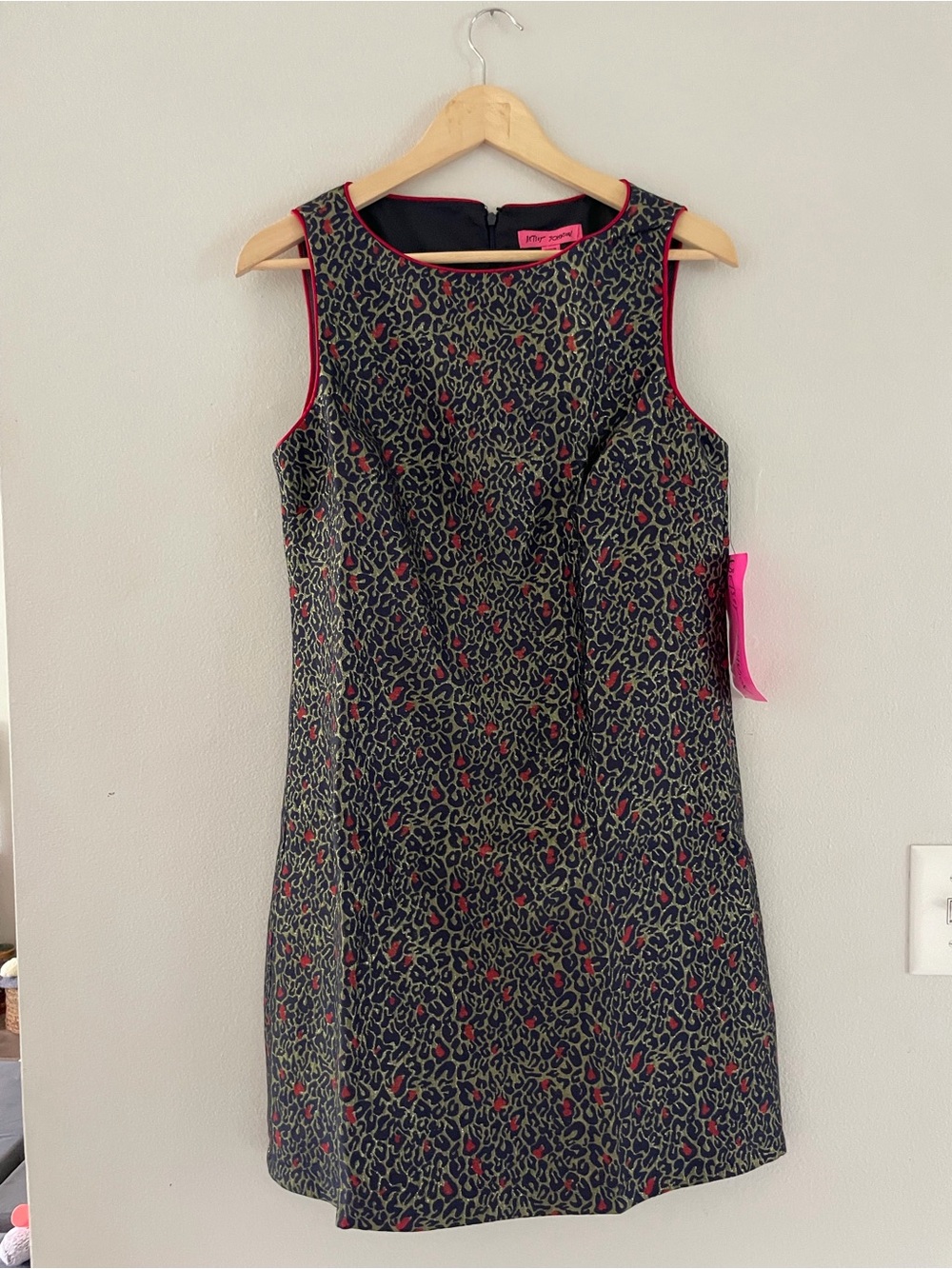 Betsey Johnson Black and Gold Animal-Print Mini Dress with Red Trim